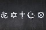 黑色背景上白色字体的五个宗教图标.