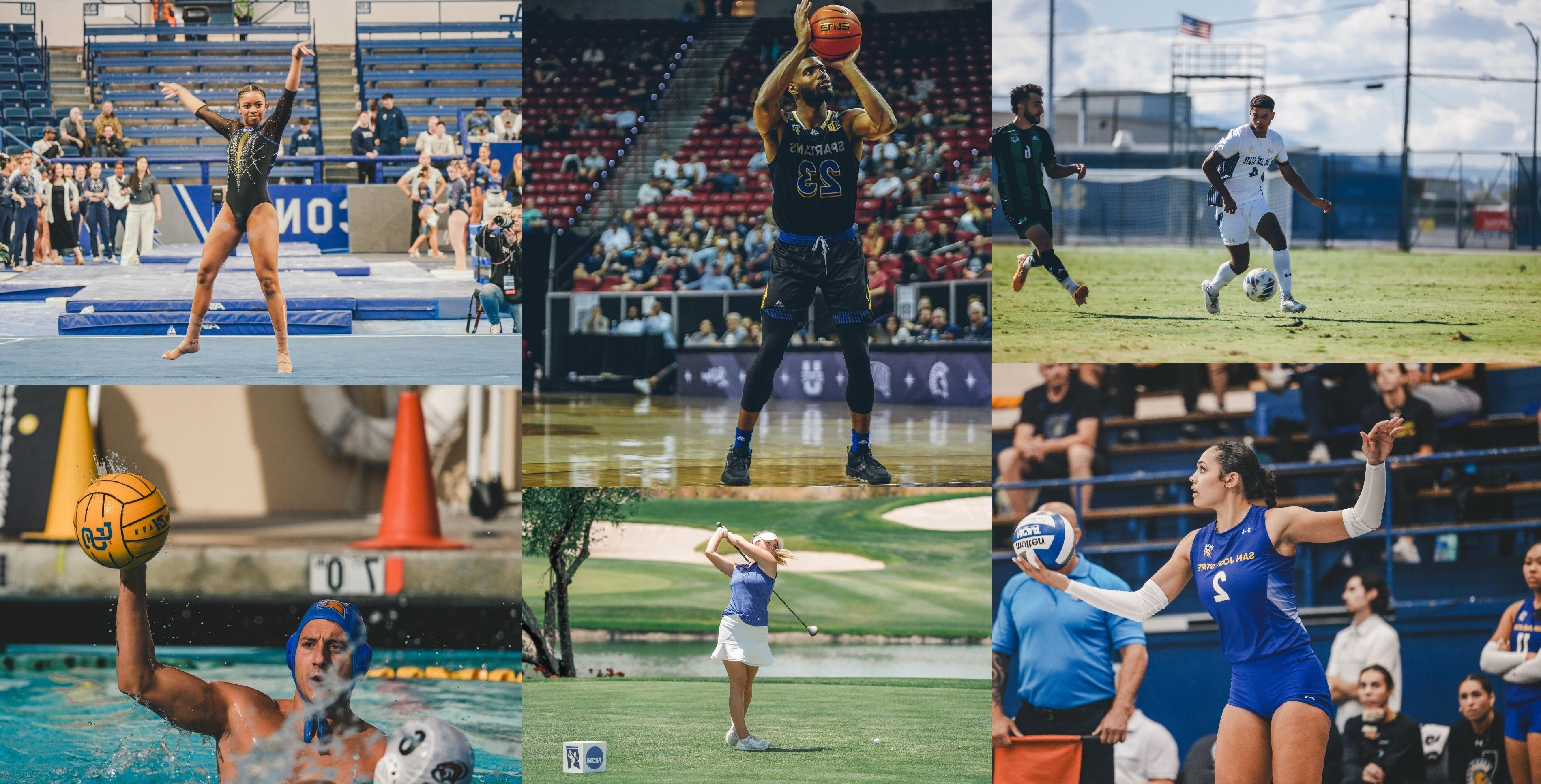 A collage of different athletic sports, from baseball, tennis, football and basketball.