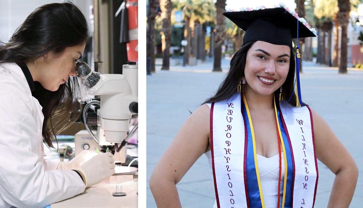 Alexandra in grad gear and in the research lab.